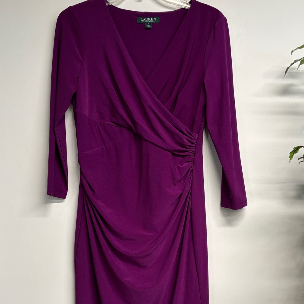 Lauren Ralph Lauren Deep Plum Faux-Wrap Long Sleeve Dress - Picture 3 of 5